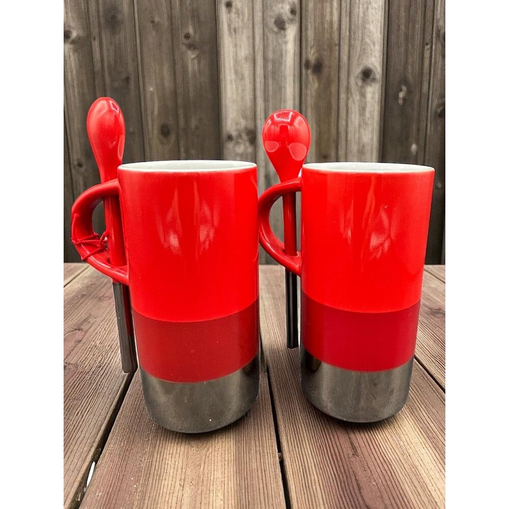 2 Starbucks 8 ounce Coffee Cups 2014 Red Tri color Mugs w built in Spoon rest